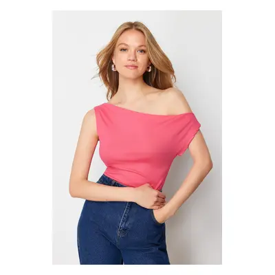 Trendyol Pink Boat Neck Fitted Viscose/Soft Fabric Stretchy Knitted Blouse