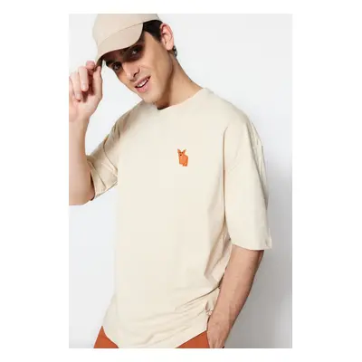 Trendyol Beige Oversize Crew Neck Krátký rukáv Fox Vyšívané tričko ze 100% bavlny