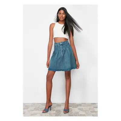 Trendyol Blue Pleated Mini Denim Skirt