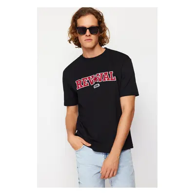 Trendyol Black Oversize/Wide Cut Text Embroidery Applique 100% Cotton Short Sleeve T-Shirt