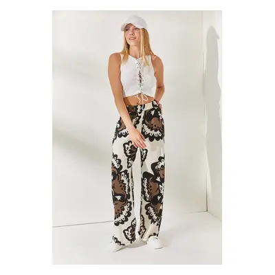 Olalook Mink Stone Waist Elastic Waist, Pocket Patterned Palazzo Pants