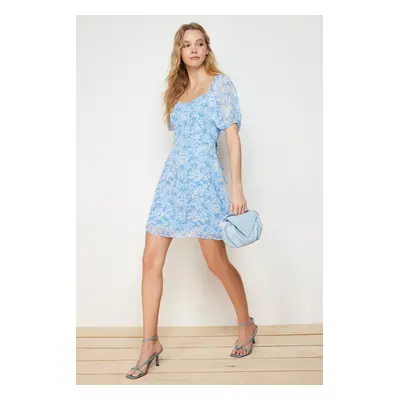 Trendyol Blue Floral Print A-Cut Chiffon Lined Mini Woven Dress