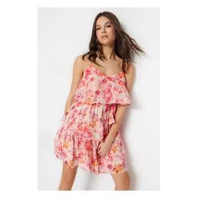 Trendyol Pink Floral Print Waist Opening Mini Lined Chiffon Woven Dress