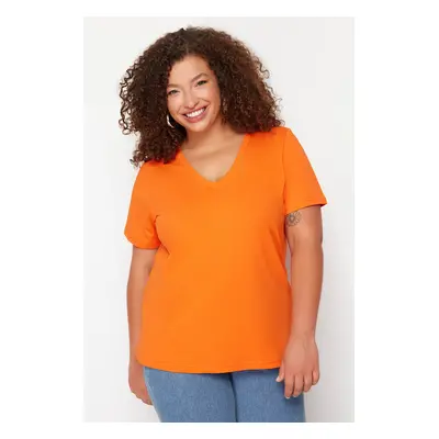 Trendyol Curve Orange V Neck Basic Knitted T-Shirt