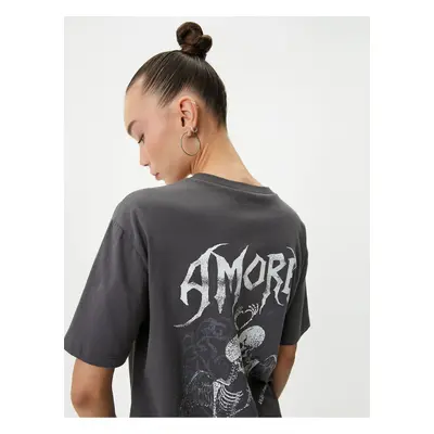 Koton Back Printed T-Shirt Faded Effect Short Sleeve Crew Neck Cotton