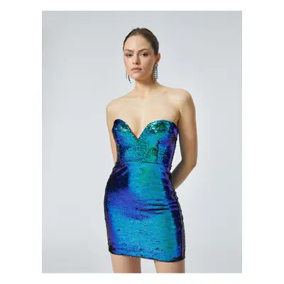 Koton Sequined Mini Strapless Dress Sweetheart Neck Slim Fit