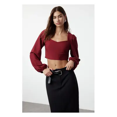 Trendyol Burgundy Crop Sweetheart Neck Long Sleeve Woven Blouse