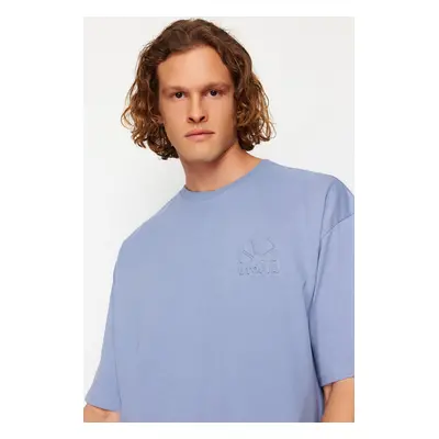 Trendyol Blue Oversize Embossed Printed 100% Cotton T-Shirt