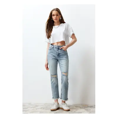 Trendyol Blue Ripped Detailed High Waist Straight Jeans