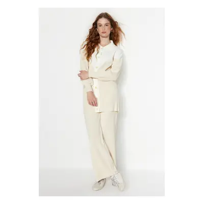 Trendyol Light Beige Color Block Ribbed Cardigan-Pants Knitwear Top-Top Set