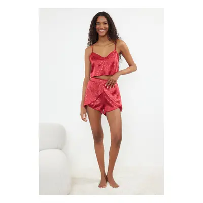 Trendyol Burgundy Satin Heart-Shaped Woven Pajama Set with Rope Straps and Shorts