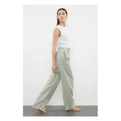 Trendyol Green 100% Linen Pleated High Waist Wide Leg Trousers