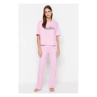 Trendyol Light Pink Cotton Slogan Printed T-shirt-Pants Knitted Pajama Set