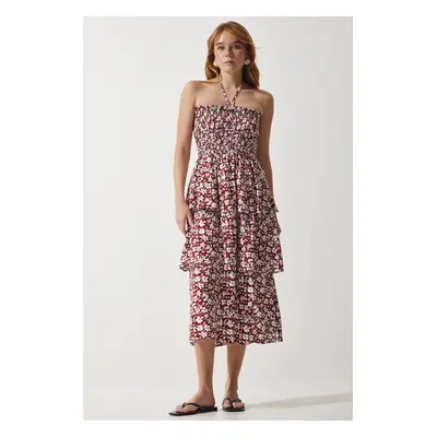 Happiness İstanbul Women's Brown Floral Flounce Summer Viscose Dress