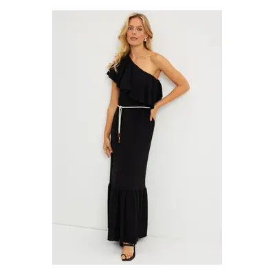 Cool & Sexy Women's Black Ruffled One-Shoulder Midi Dress