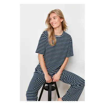 Trendyol Navy Blue-White Cotton Striped Ribbed Knitted Pajamas Set