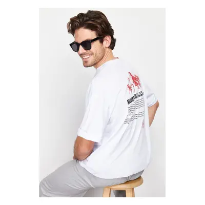 Trendyol White Oversize Printed Embroidered 100% Cotton T-Shirt