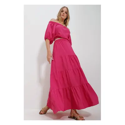 Trend Alaçatı Stili Women's Fuchsia Madonna Collar Crop Blouse Gathered Inside Lined Skirt Popli