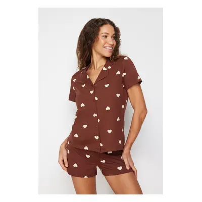 Trendyol Brown 100% Cotton Heart Patterned Knitted Pajama Set