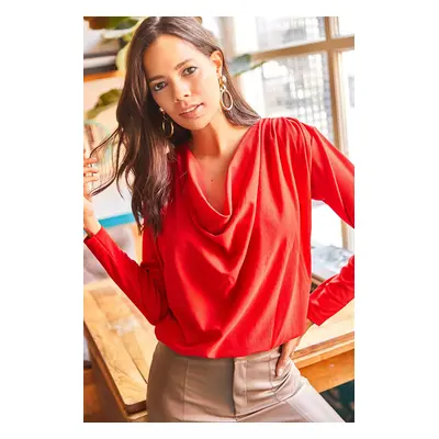 Olalook Women's Red Off-the-Shoulder Pleated Detail Collar Loose Knitted Blouse