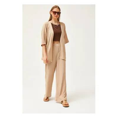 Olalook Women's Beige Top Kimono Bottom Pants Set