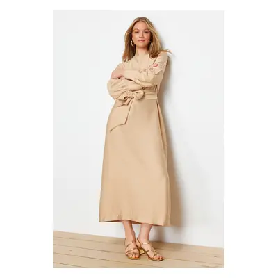 Trendyol Light Brown Wide Belt Zipper Cuffed Woven Linen Look Dress