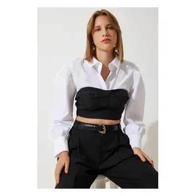 Happiness İstanbul Women's White Black Color Block Crop Shirt Blouse