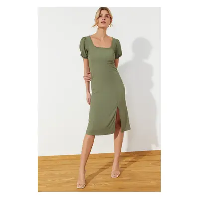 Trendyol Khaki Square Collar Balloon Sleeve A-Line Slit Detailed Wrap/Textured Midi Knitted Dres