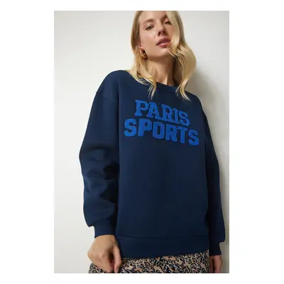 Happiness İstanbul Women's Navy Blue Embroidered Raised Oversize Sweatshirt