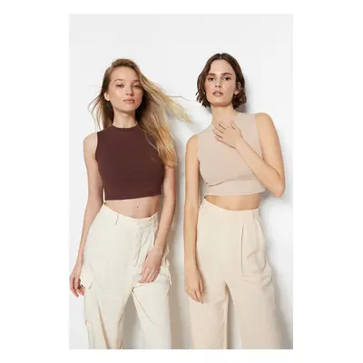 Trendyol Brown-Beige Pack Sleeveless Crop Cotton Stretchy Knitted Undershirt