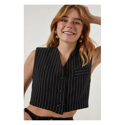 Happiness İstanbul Women's Black Striped Mini Woven Vest