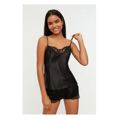 Trendyol Black Satin Lace Detailed Rope Strap Woven Pajama Set