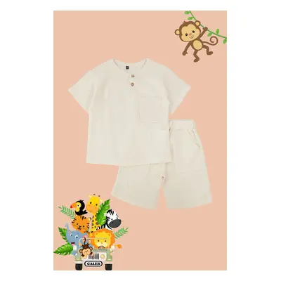 Trendyol Stone Boy Pocket T-Shirt Shorts Set Cotton Knitted Bottom-Top Set