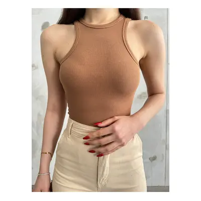 BİKELİFE Women's Ribbed Halter Neck Fitted/Situated Zero Sleeve Blouse