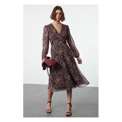 Trendyol Brown Floral Belted A-Line Midi Double Breasted Collar Patterned Chiffon Woven Dress