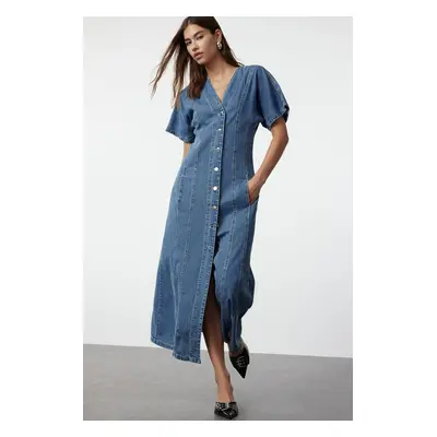 Trendyol Blue Stitch Detailed Midi Denim Dress