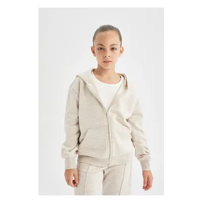 DEFACTO Girls Beige Basic Hooded Zippered School Cardigan