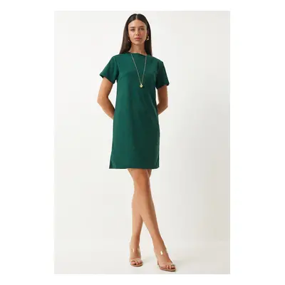 Happiness İstanbul Women's Emerald Green Crew Neck Basic Crepe Dress