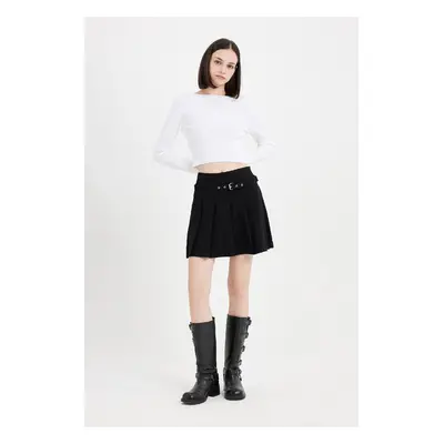 DEFACTO High Waist Basic Plain Belted Pleated Black Mini Skirt