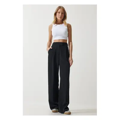 Happiness İstanbul Women's Black Velcro Waist Closure Palazzo Trousers