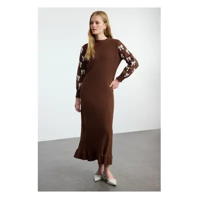 Trendyol Brown Ribbon Patterned Knit Dress