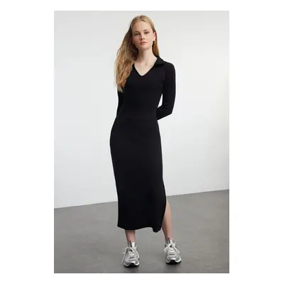 Trendyol Black Plain Midi Polo Neck Bodycone/Fits Midi Knit Dress