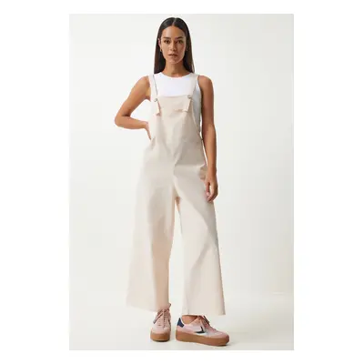 Happiness İstanbul Women's Cream Strappy Thin Gabardine Summer Gardener Overalls