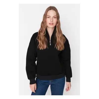 Trendyol Black Oversize/Wide Fit Zippered Stand-Up Collar Thick Inside Fleece Knitted Sweatshirt