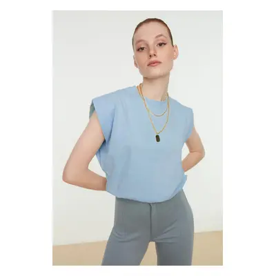 Trendyol Blue 100% Cotton Sleeveless Basic Knitted T-Shirt