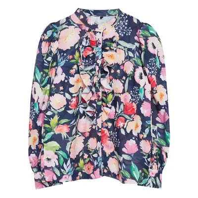 Trendyol Dark Blue Stand-Up Collar Ruffled Chiffon Floral Woven Shirt