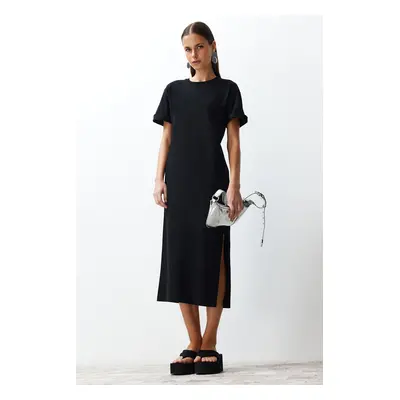 Trendyol Black Plain T-shirt Dress 100% Cotton Slit Detail Shift/Casual Fit Midi