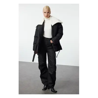 Trendyol Black Oversize Wide Mold Belted Collar Detachable Plush Detailed Winter Puffer Jacke