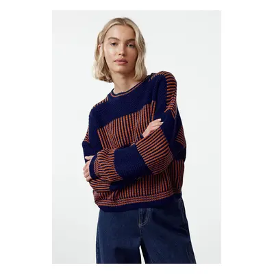 Trendyol Navy Blue Wide Cut Striped Knitted Sweater