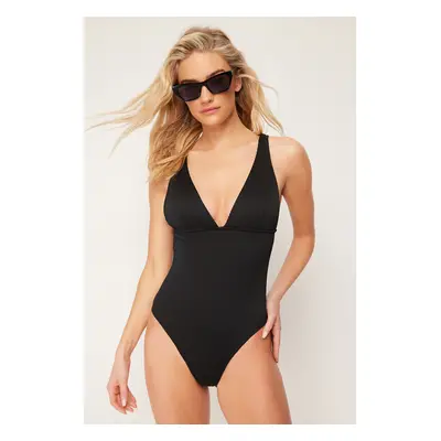 Trendyol Black V-Neck Textured Regular Swimsuit